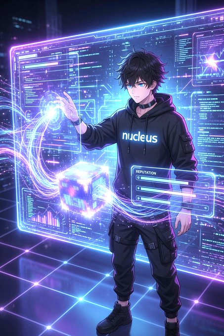 Anime-style digital art of a dark-haired character wearing a 'nucleus' hoodie interacts with glowing holographic screens displaying data and a 'REPUTATION' bar in a neon-lit environment.
