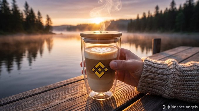 A hand in a cozy sweater holds a steaming latte in a double-walled glass featuring the Binance logo, set against a serene lakeside sunset backdrop. The image visually complements the "GM" (Good Morning) greeting with Binance branding, reflecting a peaceful crypto community morning ritual.