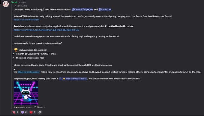 A Discord message from Sarah announcing two new Arena Ambassadors, @KaivanETH and @Roniin...xx, who receive Claude Pro / ChatGPT Plus and an ambassador role for helping spread the word about defivun and the Public Sandbox Researcher Round.