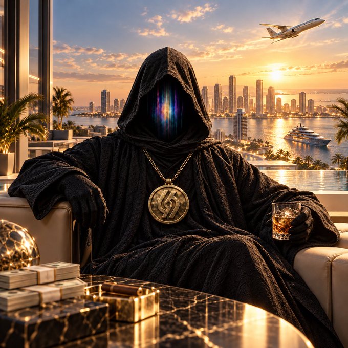 An AI-generated image of a hooded figure with a glitching rainbow face wearing a large gold XRP medallion, sitting in a luxury penthouse with stacks of gold and cash, with a yacht and private jet in the background.