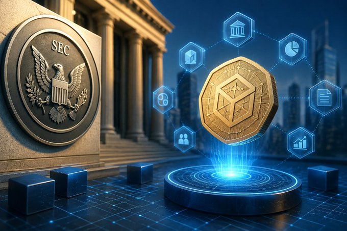 A composite digital illustration featuring the SEC emblem on a stone pillar, a glowing gold cryptocurrency token on a holographic platform, and icons representing finance and technology.