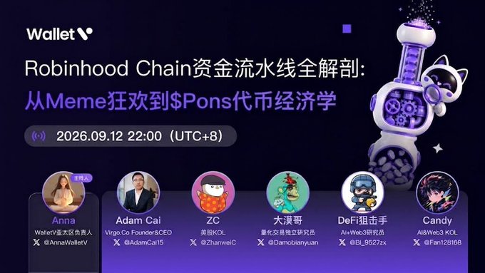 The image is a promotional banner for a WalletV X (Twitter) Space titled "Robinhood Chain资金流水线全解剖：从Meme狂欢到$Pons代币经济学" scheduled for 2026.09.12 at 22:00 (UTC+8), featuring six speakers including host Anna (@AnnaWalletV), Adam Cai (@AdamCai15), ZC (@ZhanweiC), 大谋哥 (@Damoqianyuan), DeFi狙击手 (@EL_9527zx), and Candy (@Fan121816), which relates to the post by announcing that rewards have been distributed to participants of this Space event.