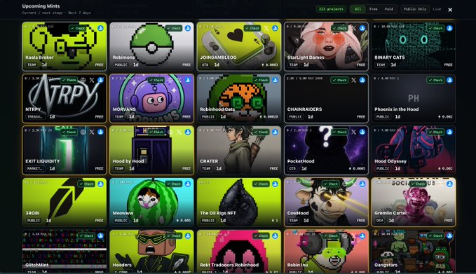 A digital dashboard titled "Upcoming Mints" displays a grid of NFT project listings on the left side, including NTRPY, Pheonix in the Hood, Exit Liquidity, Hood by Hood, Pokemon-themed CryptoHood, and Gremlin Cartel, alongside various Hood-themed projects like Hood Odyssey, Crater, and Robot Hoodie, with visible mint details such as "1d" and "FREE."