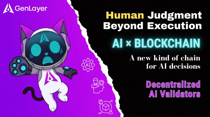 Advertisement for GenLayer featuring a cartoon cat in a spacesuit holding a game controller, with text promoting 'Human Judgment Beyond Execution,' 'AI × BLOCKCHAIN,' 'A new kind of chain for AI decisions,' and 'Decentralized AI Validators.'