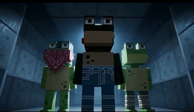 A 3D animation screenshot showing three blocky, Minecraft-style characters—two green frog-like figures and one larger figure in the center—standing in a metallic, enclosed room with blue lighting.