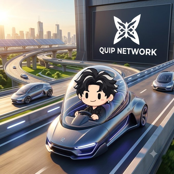 A digital illustration of a chibi-style character driving a futuristic silver car on an elevated highway, with the 'QUIP NETWORK' logo featuring an X-shaped emblem displayed on a billboard in the background.