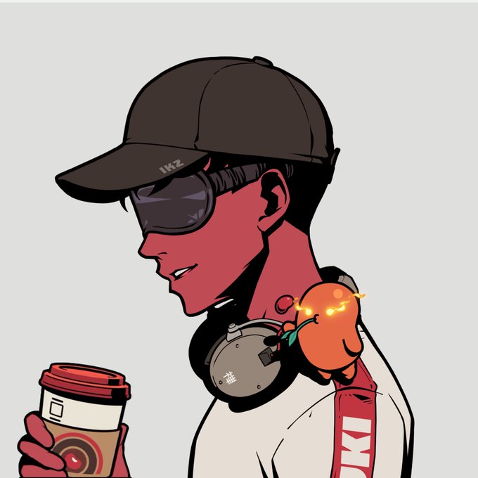 A stylized illustration features a character with red skin wearing a black cap and sunglasses, holding a coffee cup, with a small glowing orange fruit-like creature perched on their shoulder.