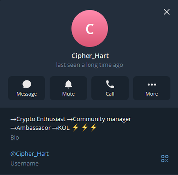 A social media profile screen for 'Cipher_Hart' showing the user was 'last seen a long time ago', with a bio describing them as a 'Crypto Enthusiast→Community manager→Ambassador→KOL' along with lightning bolt emojis.
