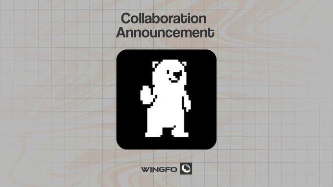 The image displays a "Collaboration Announcement" graphic featuring a pixelated white bear character on a black background, with the WINGFO logo at the bottom, relating to the post announcing a partnership between Wingfo and CONSO BOTS.