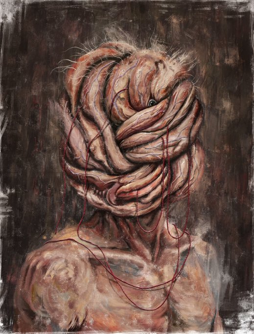 A dark, unsettling painting of a humanoid figure whose head and upper body are composed of twisted, raw muscle tissue and exposed veins, with red threads dripping down its chest.