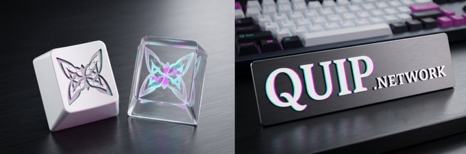 The image features two objects placed side by side on a table - one being a square block with a butterfly design, and the other being a sign that says "quip. network" written in white letters. The objects are positioned next to each other, creating an interesting visual contrast between the geometric shape of the butterfly block and the more organic form of the sign.
