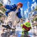 An anime-style character with red hair wearing a blue jacket and white pants, appearing to skate or pose alongside a small green creature.