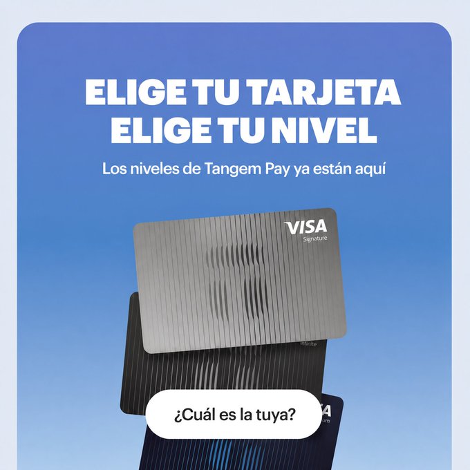 A promotional advertisement with a blue gradient background featuring two Visa credit cards (silver and black), with the Spanish text 'ELIGE TU TARJETA ELIGE TU NIVEL' (Choose your card, choose your level) for Tangem Pay.