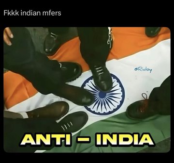 The image depicts several pairs of feet/sneakers positioned on the Indian flag, with bold text reading "ANTI - INDIA" and an offensive caption at the top targeting Indians.

This visual directly relates to the post's commentary about toxic nationalism on Crypto Twitter, serving as a prime example of how individuals are weaponizing national identity by stomping on another country's flag to fuel personal disputes—exactly the kind of behavior the post criticizes as embarrassing and irrelevant to actual crypto discussions.