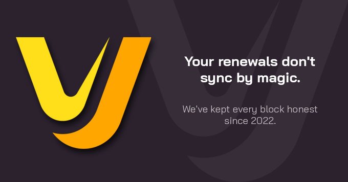 A stylized yellow "Y" logo appears beside the text "Your renewals don't sync by magic. We've kept every block honest since 2022." The image ties into the post's reminder about .eth domain renewal deadlines, reinforcing the message that overlooking expiration dates—not hacks—is how most names get lost.