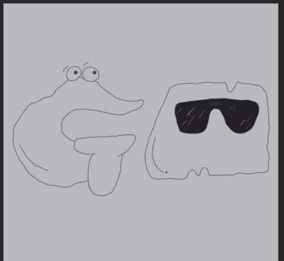A simple line drawing of a cartoon frog-like creature sitting next to a blocky shape wearing black sunglasses.