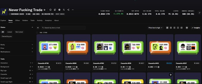A dark-themed NFT marketplace interface titled 'Never Fucking Trade' displays various digital collectible items with price statistics showing ETH and WETH values.
