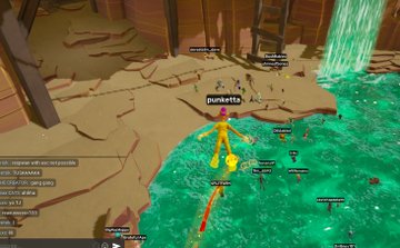 A screenshot from a Roblox game showing a character named 'Dunklette' in an avatar customization menu, with options like '25 - cleave with our weapon[s]' visible and other players around a green body of water.