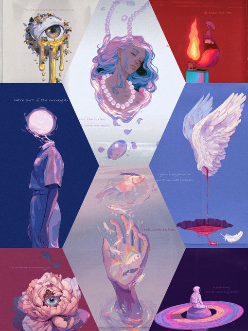 A honeycomb grid of nine surreal, hexagon-framed illustrations featuring symbolic imagery—an eye bleeding gold, a chained figure, a flame, a moon-headed boy, floating pearls, a wounded wing, a fish, a flower with an eye, a hand holding a tiny fish, and a lone figure on a colorful pool—each accompanied by minimalist poetic text such as "we're part of the moonlight," "I will never let her," and "We're born of something pure." The artwork's layered symbolism and brief captions embody the post's description of telling a complete story through minimal words and imagery, available as a curated NFT collection on Transient Labs.