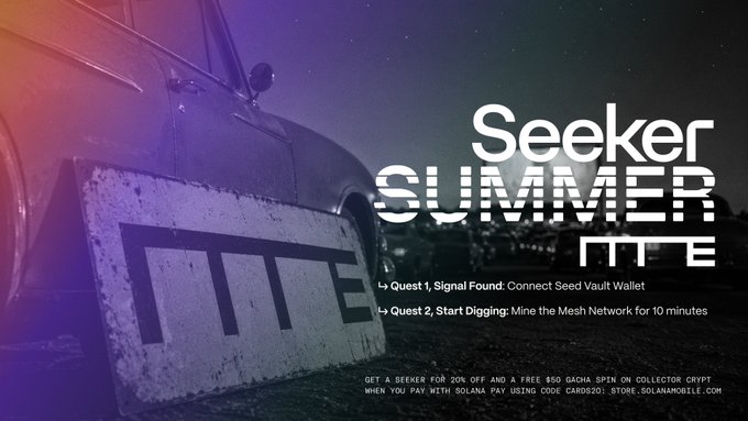 Promotional graphic for "Seeker Summer" featuring a retro-style car with a "MINE" license plate under a starry sky, listing Quest 1 ("Signal Found: Connect Seed Vault Wallet") and Quest 2 ("Start Digging: Mine the Mesh Network for 10 minutes"), with a note offering a 20% discount and a free $50 GACHA spin using code "CARDIO" at store.solanamobile.com.