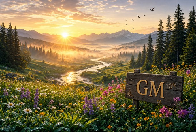 A scenic landscape with a 'GM' wooden sign in a field of wildflowers, overlooking a river and mountains at sunrise with birds in flight.