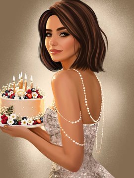 A digital illustration of a woman with brown hair wearing a white lace dress and pearl necklace back, holding a birthday cake decorated with lit candles and flowers.