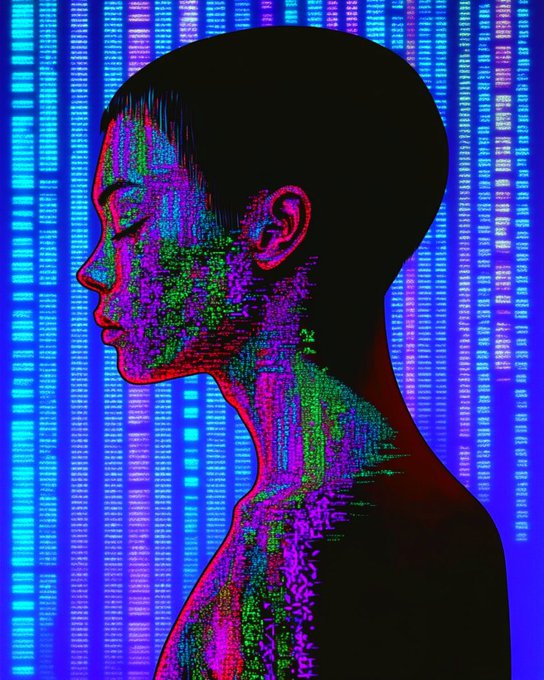 A digital artwork showing the profile silhouette of a person's head and shoulders, with their face and body dissolving into vertical lines of neon pink, green, and blue digital code against a blue background.
