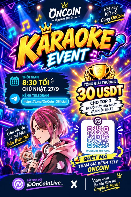 An OnCoin Karaoke Event promotional poster in Vietnamese announcing an 8:30 PM Sunday event on 27/9 with a 30 USDT prize pool, featuring a pink-haired anime character and a QR code.