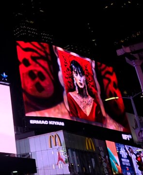 A large Times Square billboard displays an advertisement featuring a woman in a red dress, credited to "ERMANO RIVAS" with a McDonald's logo visible below.