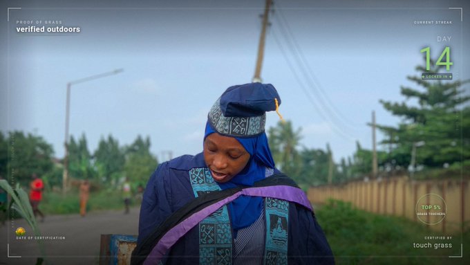 A woman in blue and purple traditional attire standing outdoors, with overlay text reading 'PROOF OF GRASS verified outdoors', 'CURRENT STREAK DAY 14', and 'CERTIFIED BY touch grass'.