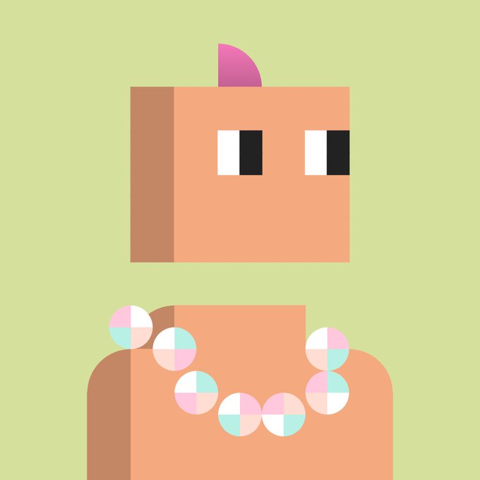 A minimalist digital illustration features a blocky, brown character with a pink mohawk, rectangular eyes, and a necklace made of pastel-colored pills against a pale green background.