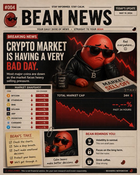 A 'Bean News' infographic dated May 19, 2024, depicting a coffee bean character reporting that the crypto market is having a very bad day, with market snapshot figures obscured and a graph showing a market sell-off.