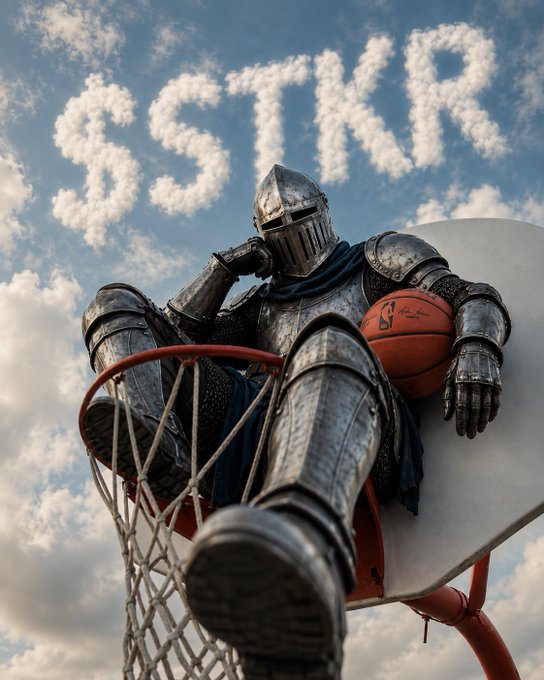 A knight in full armor sits casually atop a basketball hoop holding a basketball, with "GM" spelled out in the clouds behind him, perfectly capturing the post's "GM chads" and "$STKR" winning energy for the new week.