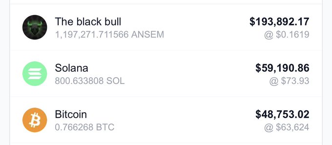A crypto portfolio display showing three holdings: 'The black bull' (ANSEM) at $193,892.17 @$0.1619, Solana (SOL) at $59,190.86 @$73.93, and Bitcoin (BTC) at $48,753.02 @$63,624.