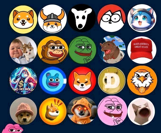 A grid of twenty meme coin icons, including popular characters like Shiba Inu, Pepe the Frog, Doge, and various other internet culture references.