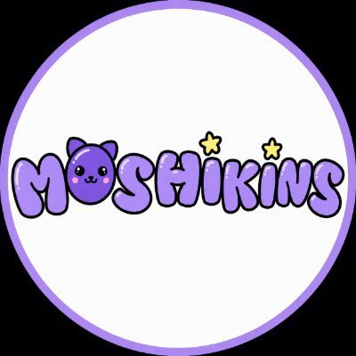 The image shows a circular logo with the text "MOSHIKINS" in purple bubble letters, featuring a cute purple cat-like character with star eyes as the "O" and small yellow stars decorating the design. The logo visually represents the "MOSHIKINS" brand mentioned in the giveaway announcement for 4 guaranteed spots in the community collaboration with 2€ Community.