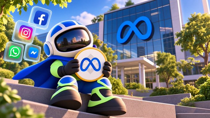 A cartoon astronaut in blue and green gear sits on steps holding a Meta infinity logo, with floating Facebook, Instagram, WhatsApp, and Messenger icons beside it and a glass building bearing the Meta logo in the background, visually representing the diverse ecosystem of $META's platforms mentioned in the post.