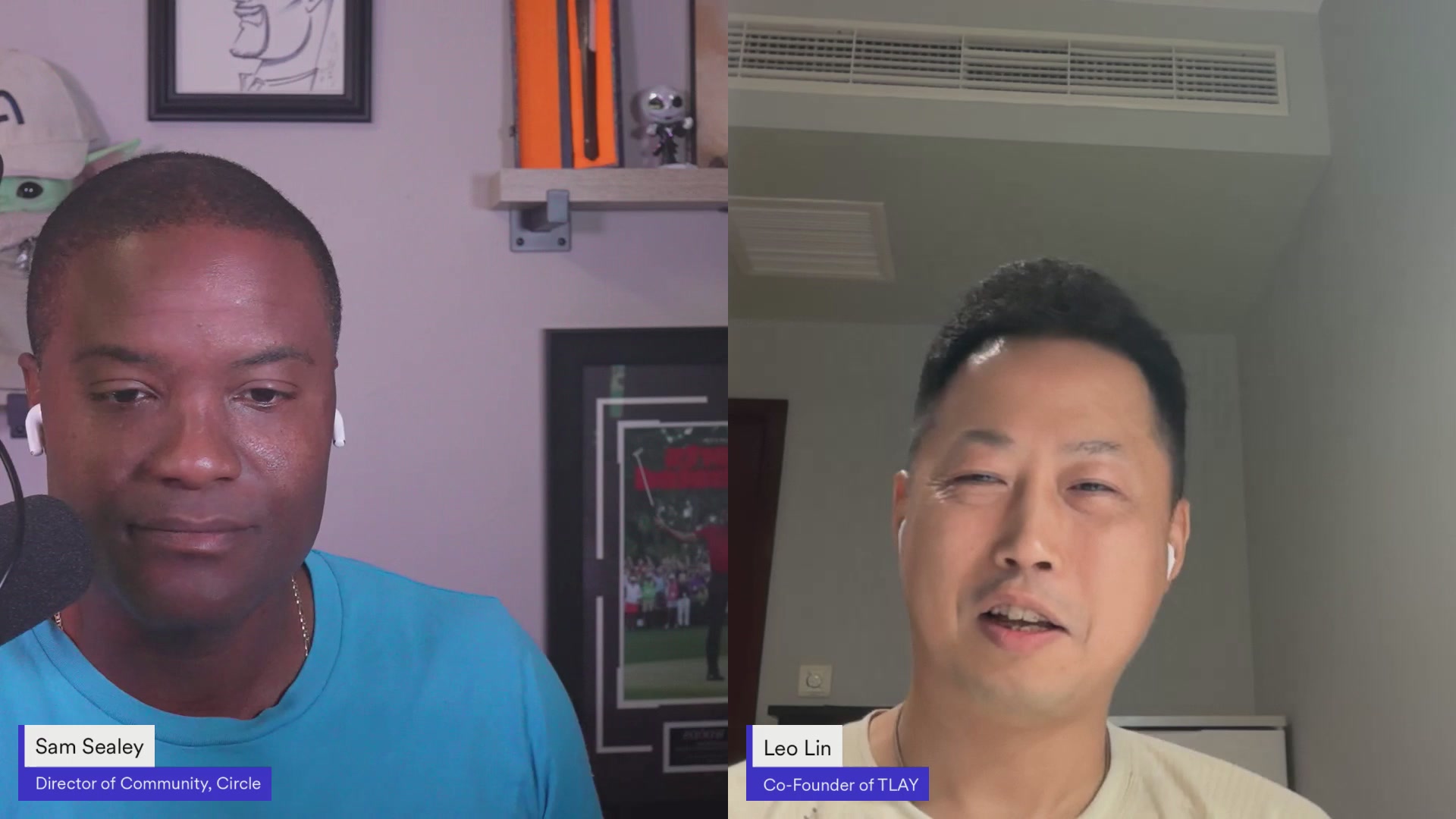 The image shows two men with their faces displayed side by side, possibly during a video call or online meeting. The background of the image features a white wall with a picture hanging above them. There are also some text elements present in the image that read "Arc Builder Spotlight" and "TLAY - Machine-to-Machine Nanopayments on Arc".