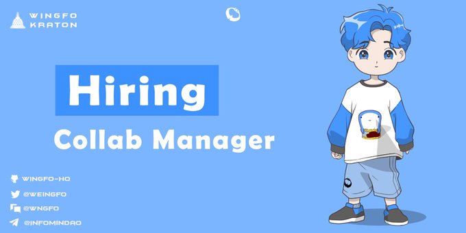 The graphic is a hiring announcement for a "Collab Manager" position for @weingfo, featuring a blue-haired anime-style character and listing contact details including WINGFO-HQ, @WEINGFO, @WNGFO, and @INFOMINDRO, which aligns with the post's call for a community manager to connect with projects and secure allocations.