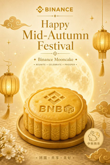 A Binance 'Happy Mid-Autumn Festival' graphic features a golden mooncake embossed with 'BNB' against a full moon background with hanging lanterns.