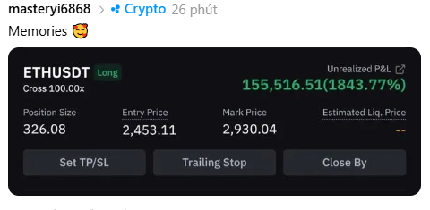 A screenshot of a crypto trading platform displays an ETHUSDT long position with 100x leverage showing an unrealized P&L of 155,516.51 (1843.77%), posted by user 'masteriyi6868'.