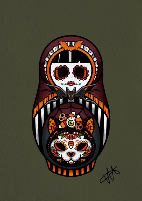 A stylized, colorful digital drawing of a Matryoshka doll features sugar skull (calavera) face designs and a bat on a solid olive-green background, signed by the artist.