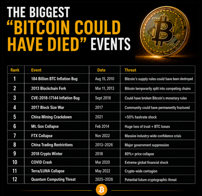The infographic, “The Biggest ‘Bitcoin Could Have Died’ Events,” ranks 12 major threats to Bitcoin, including the 184 billion BTC inflation bug (Aug. 15, 2010), the 2013 blockchain fork, China’s 2021 mining crackdown, Mt. Gox, FTX, and the potential quantum computing threat in 2025–2026. It illustrates the post’s theme that BTC has repeatedly survived events—from its 2009 launch to the 2020 COVID crash and 2022 Terra/LUNA and FTX collapses—that many believed could end it.