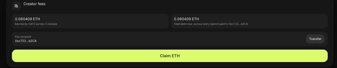 The image shows a "Creator fees" dashboard displaying 0.060409 ETH earned by 0xCATZ across 3 swaps and claimable now with 0.060409 ETH claimable once swappy wallet pays to 0xC723..b2CA, with a green "Claim ETH" button at the bottom and a fee recipient address shown. This corresponds to the post's highlight of earning 0.06 ETH from launching a meme coin, illustrating the creator fee rewards available from the process described.