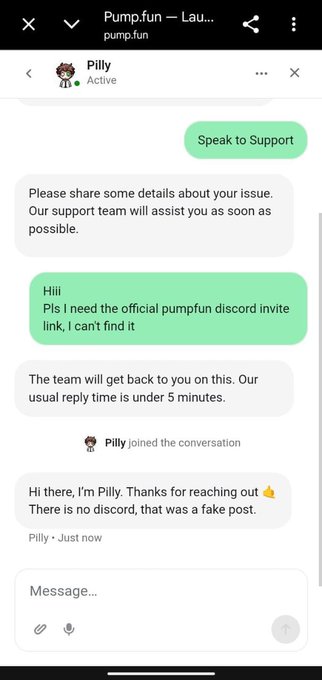 The image shows a Pump.fun support chat where "Pilly" asked for the official Pump.fun Discord invite link, and the agent "Pilly" responded that "There is no discord, that was a fake post." This confirms the tweet's claim that the Pump.fun rewards program circulating on the timeline is not legitimate, as even the official support channel has no Discord invite to offer.
