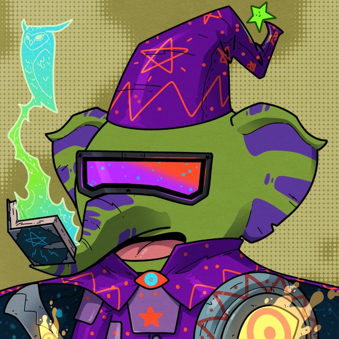 An illustration of a green and purple character wearing a wizard hat and futuristic goggles, holding a book with a glowing pentagram, surrounded by magical elements.