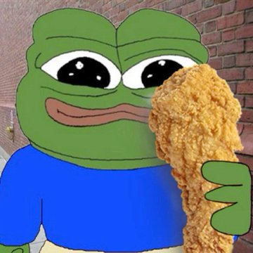 A cartoon image of Pepe the Frog with large, teary eyes holding a piece of fried chicken against a brick wall background.