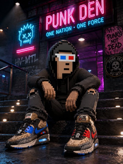 A pixelated 3D hooded figure wearing red-blue 3D glasses sits on neon-lit steps beneath glowing "PUNK DEN" and "ONE NATION • ONE FORCE" signs, with sneakers labeled "PUNK" reinforcing the CryptoPunks theme as the post humorously declares "PUNKS NOT DEAD" despite a 278 ETH ($438,893) sale.