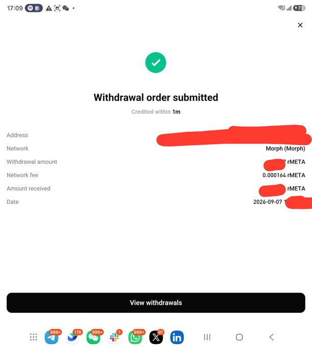 A mobile phone screenshot showing a successful 'Withdrawal order submitted' notification with the network listed as 'Morph (Morph)', redacting the address, amounts, and date, with a 'View withdrawals' button at the bottom.