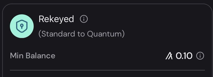 A dark-themed interface showing a 'Rekeyed (Standard to Quantum)' option with a 'Min Balance' of 0.10 and a hexagonal icon.